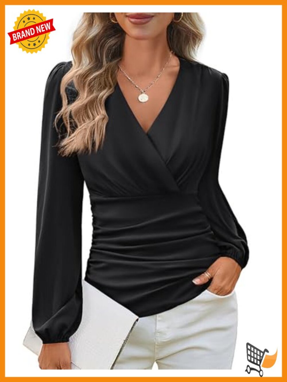 Women's Long Sleeve Wrap V-Neck Ruched Blouse Dressy Casual Top